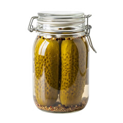 Pickled cucumbers in a glass jar with spices, isolated on transparent background