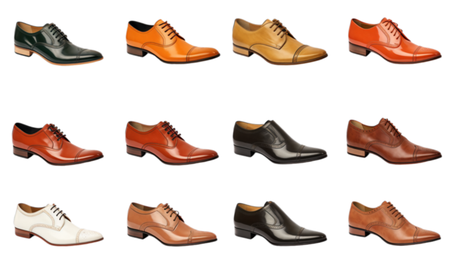 Men's Dress Shoes Collection: Stylish Leather Oxfords in Multiple Colors - Black, Brown, Tan, Orange, White - Fashionable Footwear for Formal Occasions Isolated on White Background, PNG