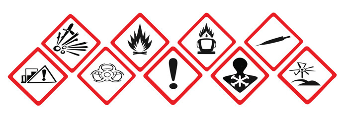 Globally Harmonized System (GHS) hazard Warning symbols with red curved outline isolated on transparent background. All 9 GHS chemical labelling stickers