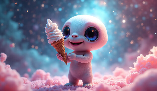 Adorable baby alien with big eyes enjoying ice cream in a magical scene.
