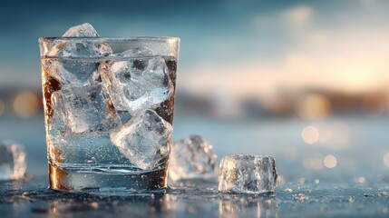 A clear glass filled with ice cubes and sparkling water, with a blurred, soft-focus background and more ice cubes scattered around on a wet surface.
