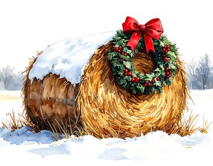 Winter hay bale with Christmas wreath