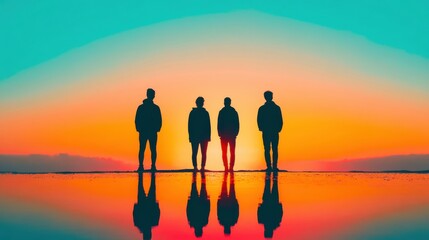 Silhouettes of Four People Against Vibrant Sunset