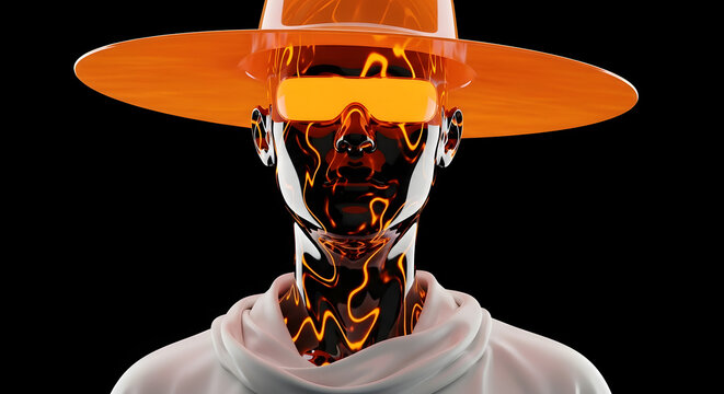 Abstract digital rendering of a figure wearing an orange hat and glasses, with a reflective, patterned surface and white hoodie, set against a black background.