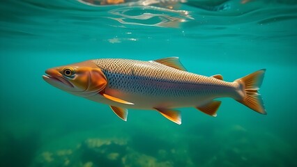 Fototapeta premium A trout glides through crystal-clear waters in a serene underwater scene with natural lighting.