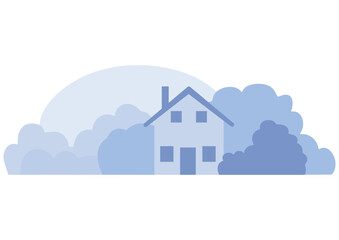Abstract family house illustration set with bushes and sky. Urban building background for website, mobile application, cover design, banner material.