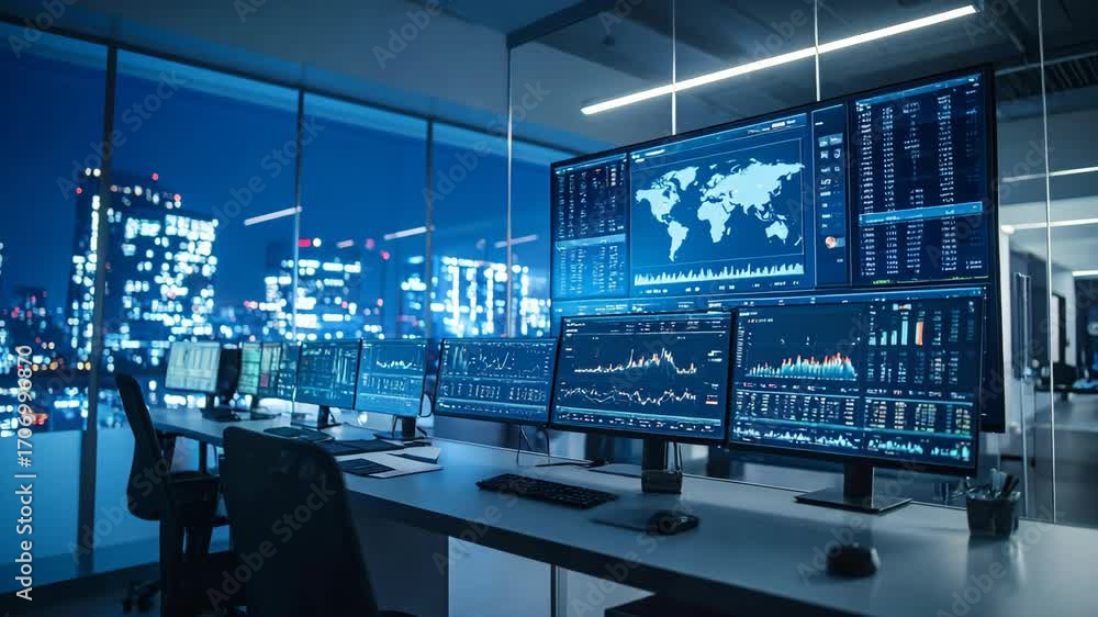Aufkleber brightly lit trading room with multiple computer screens showing global map and financial data at ni