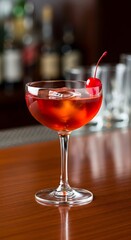 A vibrant cocktail garnished with a cherry, presented in a stemmed glass, sits atop a polished wooden bar.
