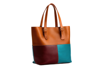 Brown leather tote bag with colorful panels
