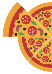 Close up of a flat design pizza with multiple slices shown. Culinary graphic perfect for food delivery concept and menu illustration.