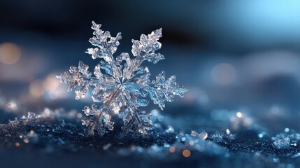 A close-up of a delicate snowflake with intricate crystalline patterns, resting on a surface of sparkling ice crystals in a cool, blue-toned setting.