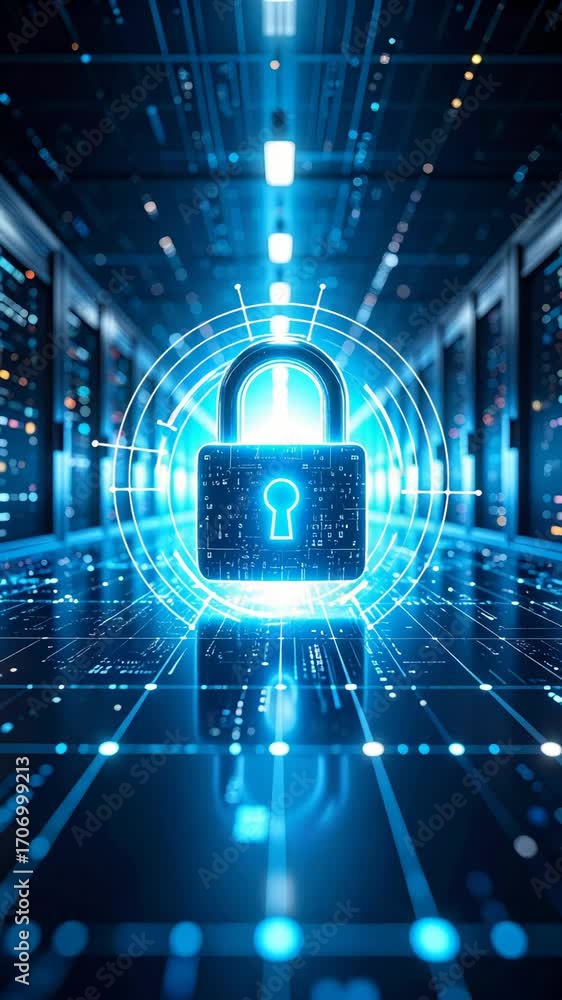 Poster futuristic cybersecurity protection featuring a lock symbol on a circuit board inside a server room 