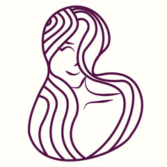This logo has a beauty theme and features the outline of a beautiful woman inside it. The visual style is elegant and feminine, with soft lines and graceful facial features and hair. 