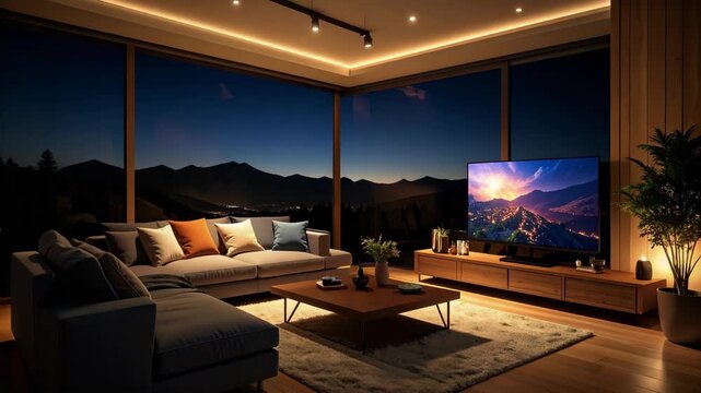 Stylish living room interior at twilight, featuring a sectional sofa, flat screen TV displaying landscape, and mountain view visible through the windows.