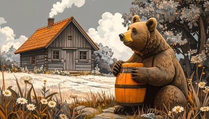 A bear sits by a rustic cabin in a meadow