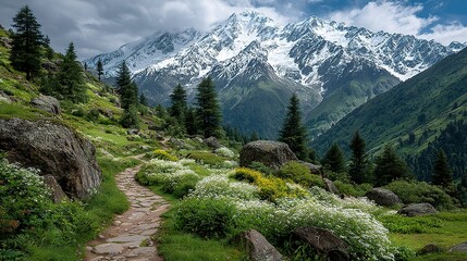 Mountain landscape with a path winding through green vegetation under a cloudy sky.
