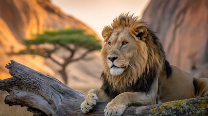 Fototapeta premium Majestic lion resting in the African savanna portrait wildlife beauty