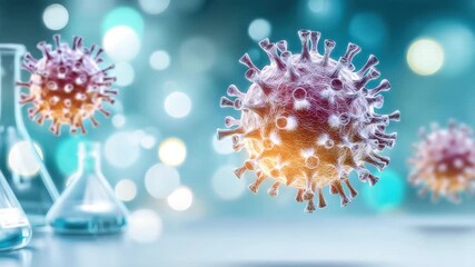 Virus microscopic laboratory science infection health medical biology research disease pathogen cell medicine microbiology flu epidemic pandemic coronavirus bacteria closeup background chemical virus - Powered by Adobe