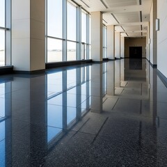 Modern Office Corridor with Polished Granite Flooring.