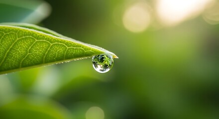 Dewdrop on Green Leaf Closeup.