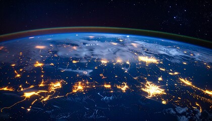 Vivid space background with a close-up of Earth at night, showing glowing city lights and dark ocean contrasts from low orbit