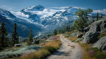 Dirt road leads towards snow capped mountains with trees and rocks.