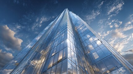 Modern skyscraper reaching towards the sky with a beautiful and dramatic sky background