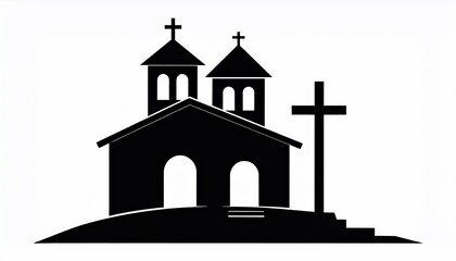 Silhouette illustration of a church building with crosses on a white backdrop
