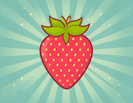 Cartoon strawberry on a teal sunburst background