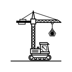 A blackandwhite illustration features a construction crane on a horizontal line