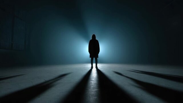 Silhouette person shadow dark light mysterious dramatic standing room backlight long shadows eerie atmosphere creating intense visual impact and captivating mood in dimly lit space