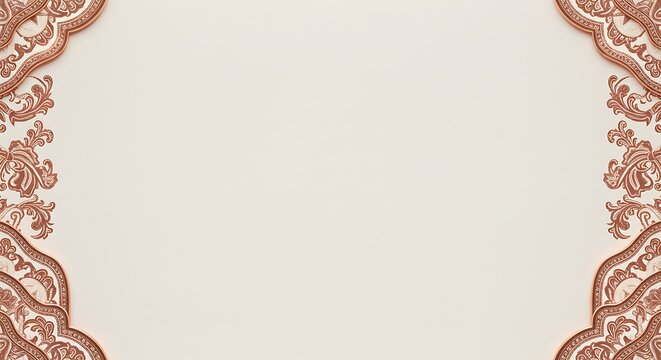 A sophisticated off-white background featuring intricate baroque-style corner ornaments in a warm terracotta color, creating an elegant and classic border for invitations or announcements