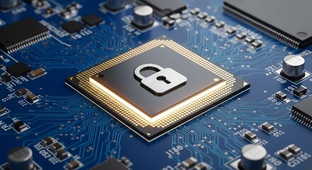 Golden CPU with Padlock Engraving on Blue PCB – Secure Technology Concept