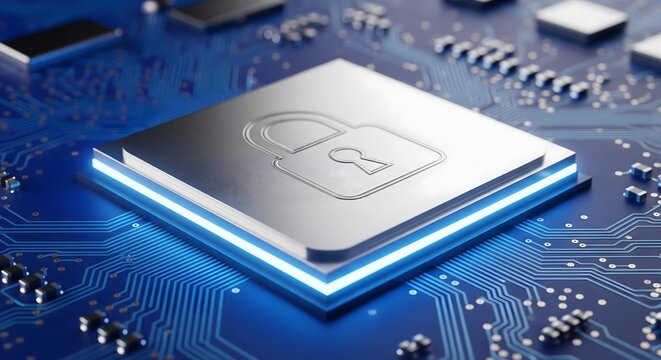 Silver CPU with Padlock Symbol Embedded on Futuristic Blue Motherboard