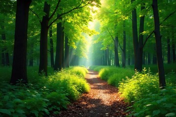 Obraz premium Sun-dappled forest path winding through lush green foliage, dappled sunlight filtering through leaves A tranquil scene of nature's beauty, perfect for relaxation and escape , foliage, wild, walkway