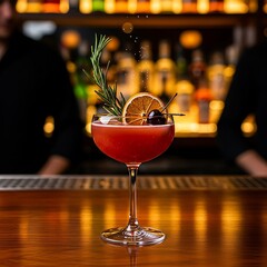 A vibrant cocktail, garnished with rosemary, dried orange slice, and a cherry, stands on a wooden bar.