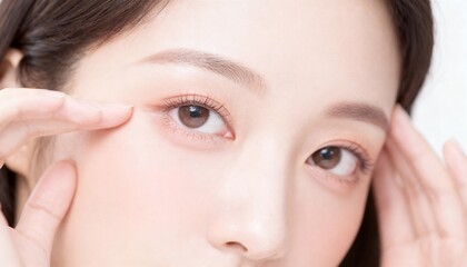 目元の肌をチェックする女性の顔アップ