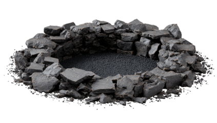 Circular crater filled with dark debris surrounded by jagged rocks