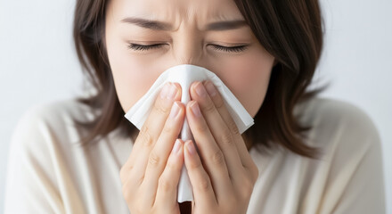 ティッシュで鼻をかむ若い女性