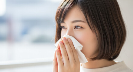 ティッシュで鼻をかむ若い女性