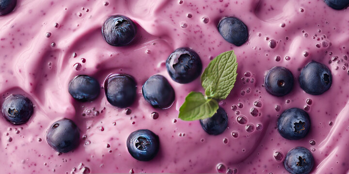 Close-up of fresh blueberries in creamy purple blueberry smoothie with mint garnish, healthy fruit yogurt texture background - Powered by Adobe