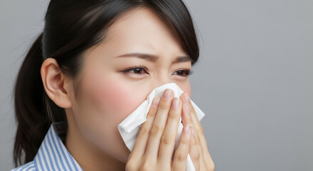 ティッシュで鼻をかむ若い女性