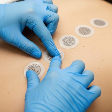 Dermatologist applying allergy skin test patches on patient's back