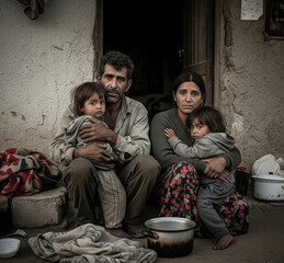 a poor family affected by an economic crisis, sitting outside a small home with few belongings, worried parents comforting children, 