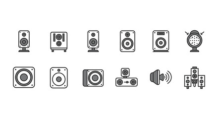 various speaker designs and audio equipment icons displayed