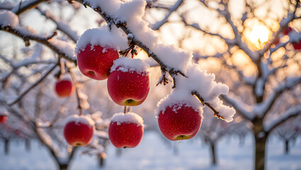 Crimson Apples in Snowy Orchard: A stunning display of red apples, heavily dusted with fresh snow, hangs gracefully from tree branches against a backdrop of a snow-covered orchard.