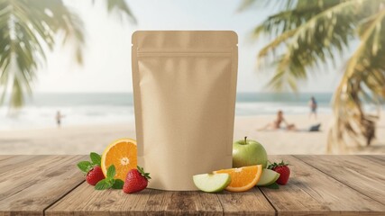 Standing pouch packaging mockup with a beach background, surrounded by fresh fruit