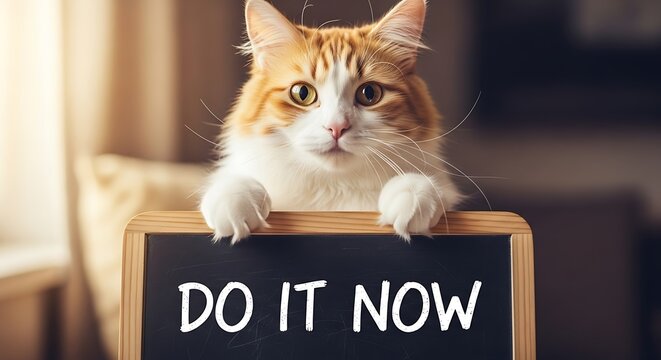 Motivational Cat Holding Chalkboard Saying Do It Now.
