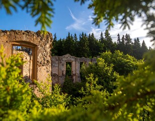 Fototapeta premium Ruined building framed by greenery