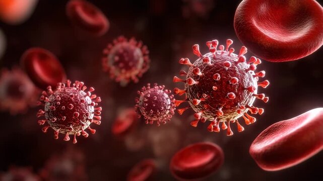 Coronavirus particle close to red blood cell bloodstream detailed 3d rendering showing virus structure infection disease microscopic medical biology health pathogen microorganism cell structure